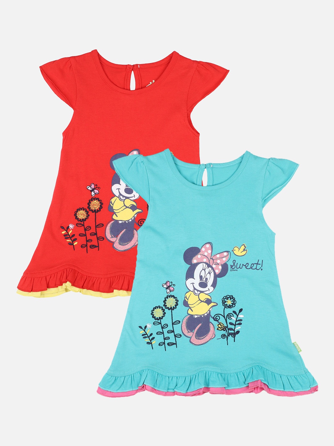 

Bodycare First Pack Of 2 Red & Turquoise Blue Minnie & Friends Printed Cotton A-Line Dress