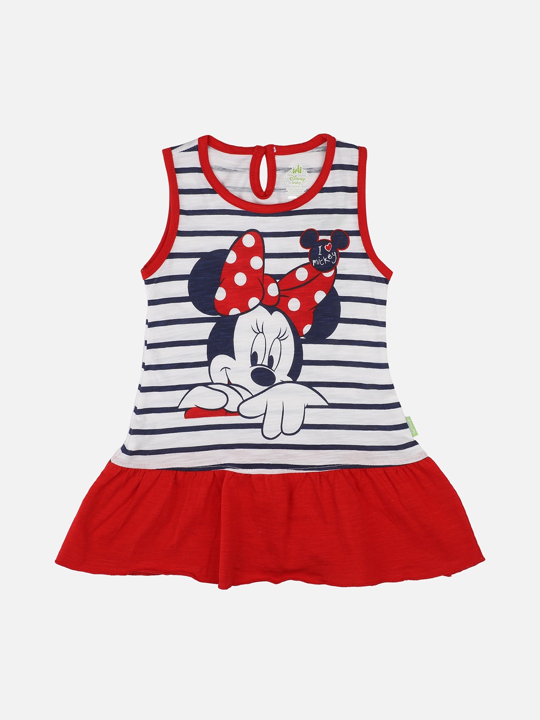 

Bodycare First Girls Red & White Striped Minnie Mouse Character Printed Drop-Waist Dress