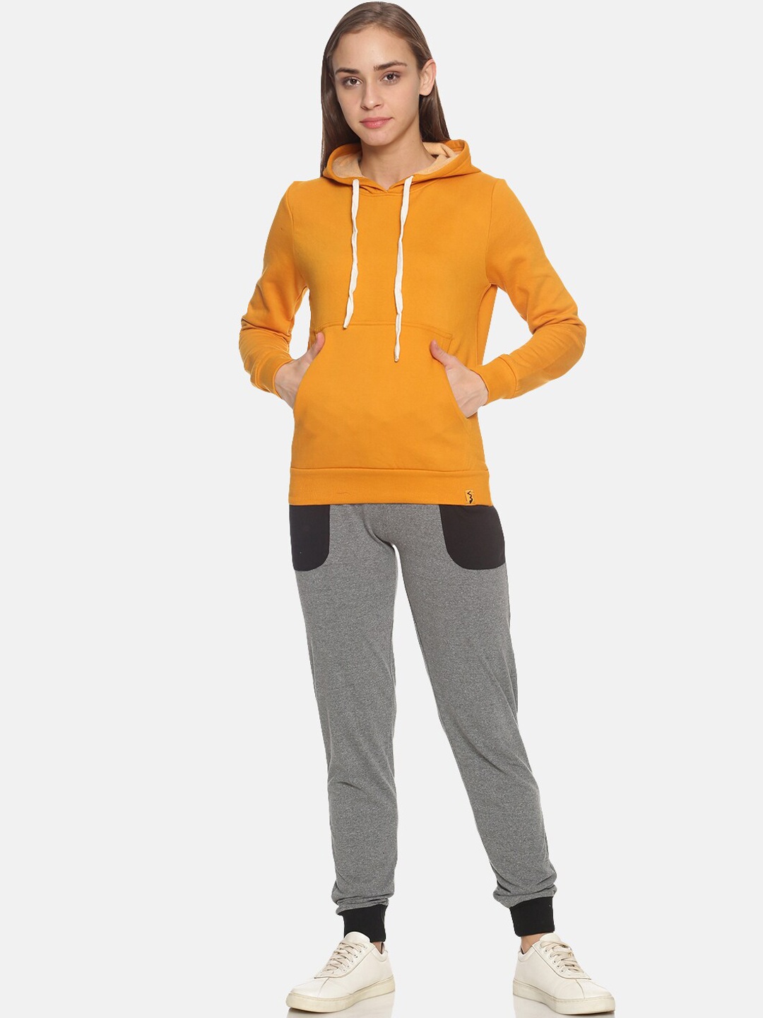 

Campus Sutra Women Mustard Yellow & Grey Solid Cotton Tracksuit