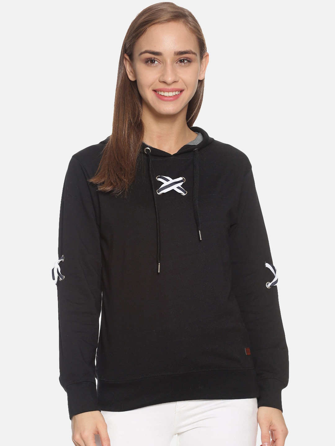 

Campus Sutra Women Black Hooded Sweatshirt