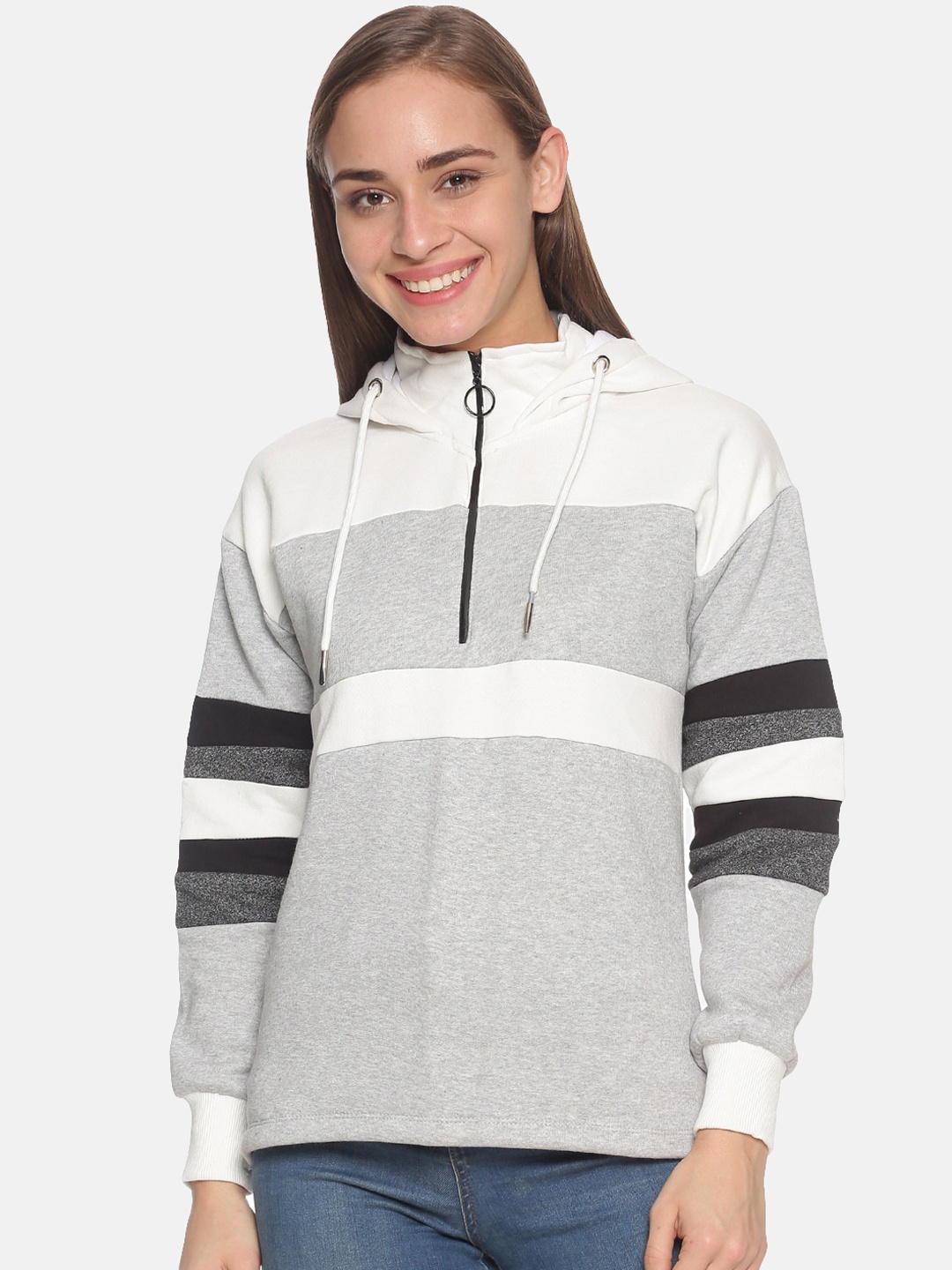 

Campus Sutra Women Grey Colourblocked Hooded Sweatshirt