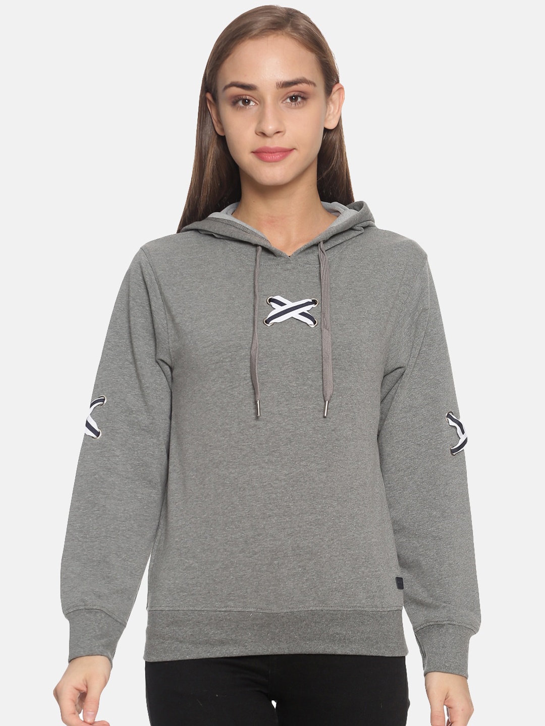 

Campus Sutra Women Grey Solid Hooded Pullover Sweatshirt