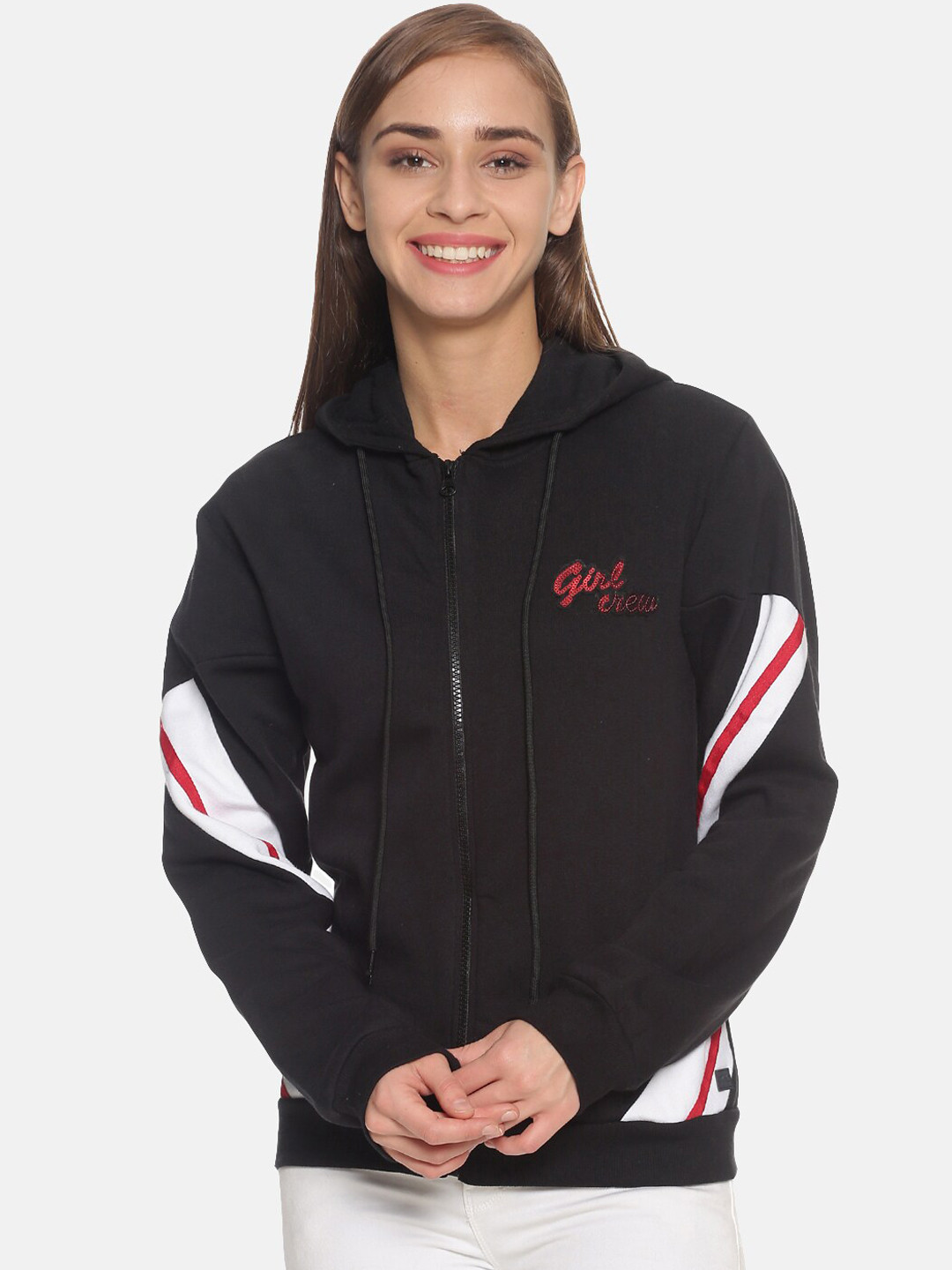 

Campus Sutra Women Black Hooded Pure Cotton Front-Open Sweatshirt