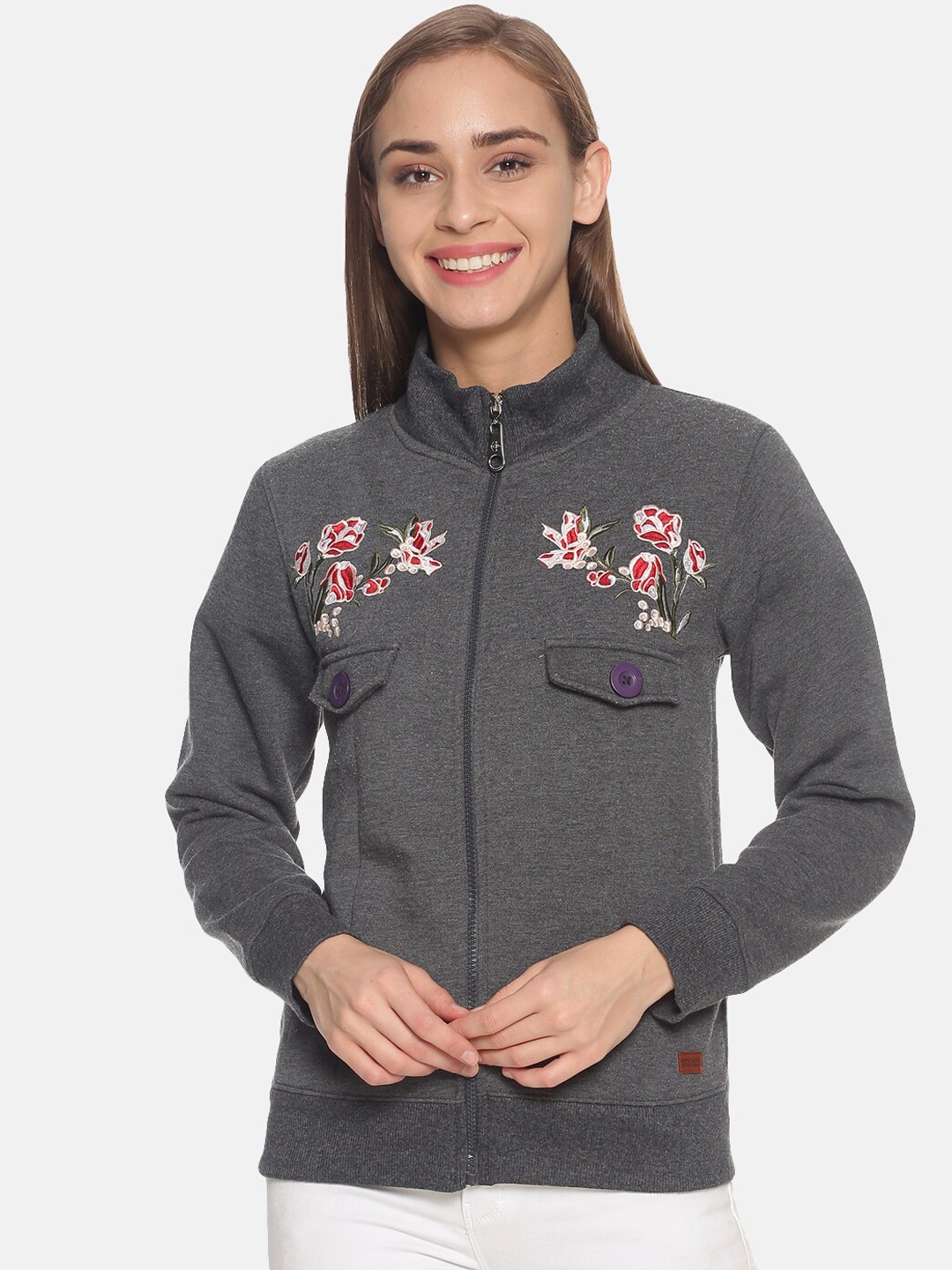 

Campus Sutra Women Charcoal Embroidered Sweatshirt