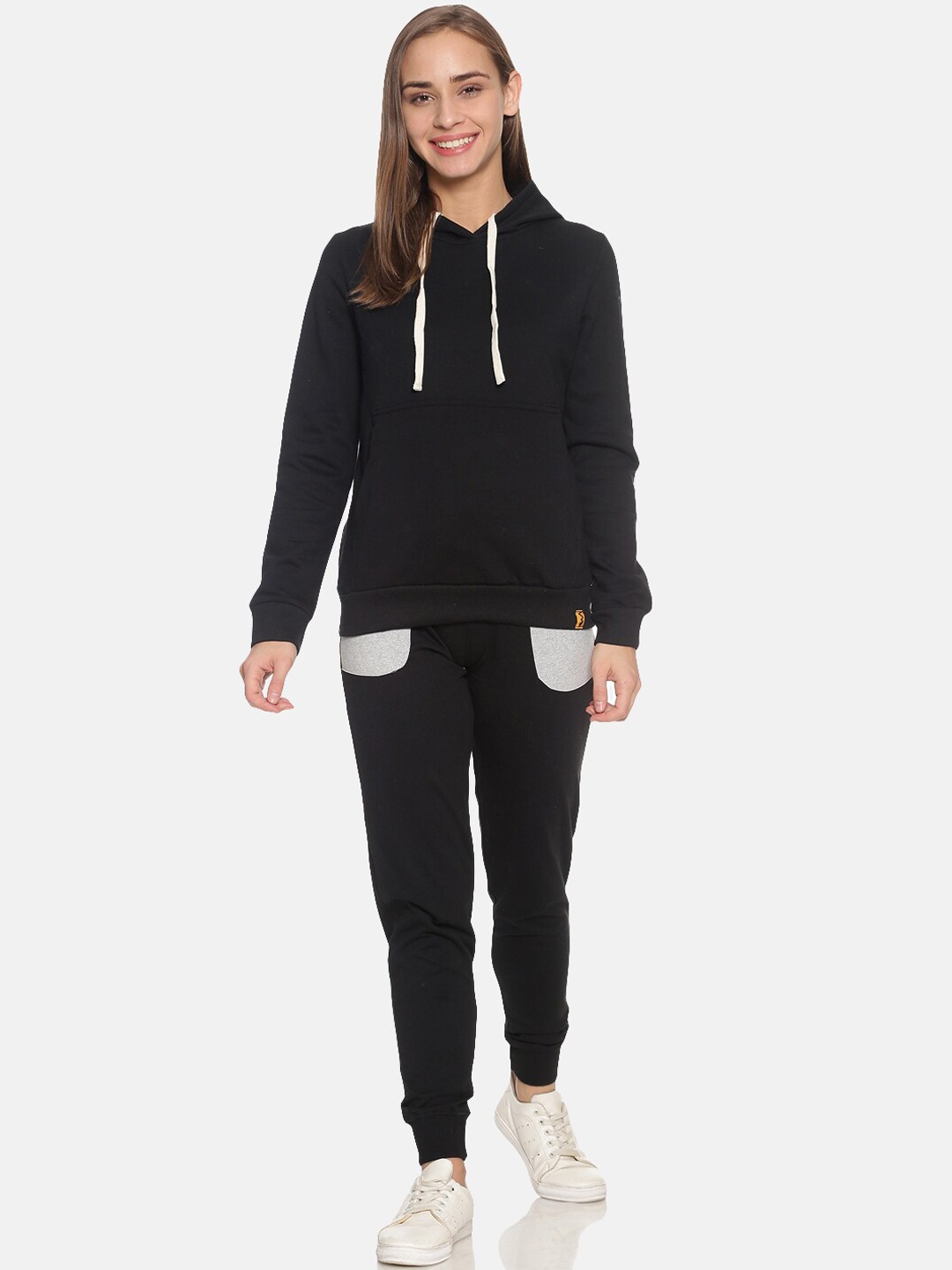 

Campus Sutra Women Black Solid Cotton Tracksuit