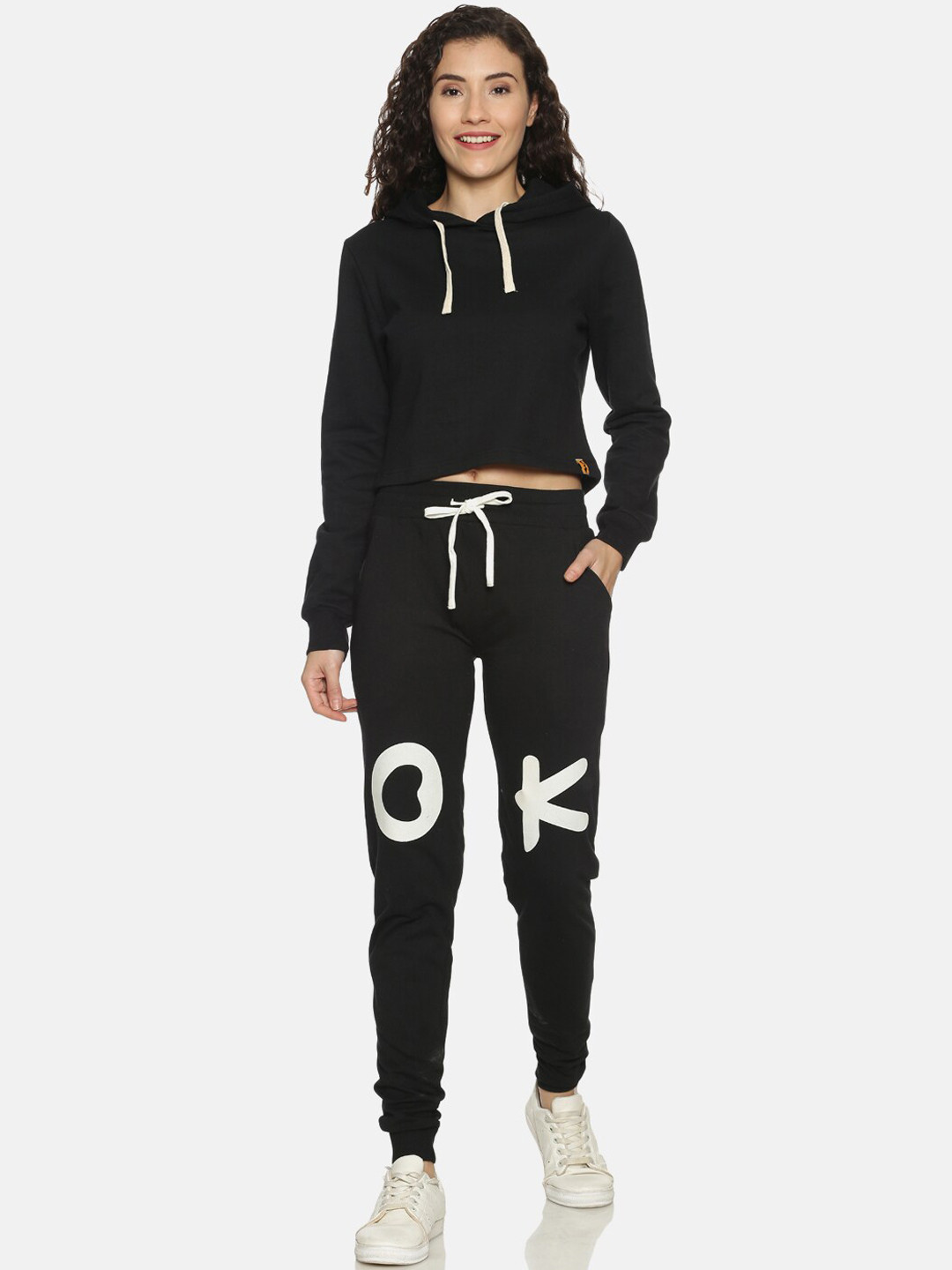 

Campus Sutra Women Black Solid Cotton Tracksuit