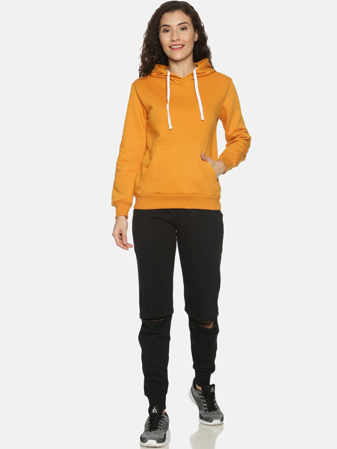

Campus Sutra Women Mustard-Yellow & Black Solid Cotton Tracksuit