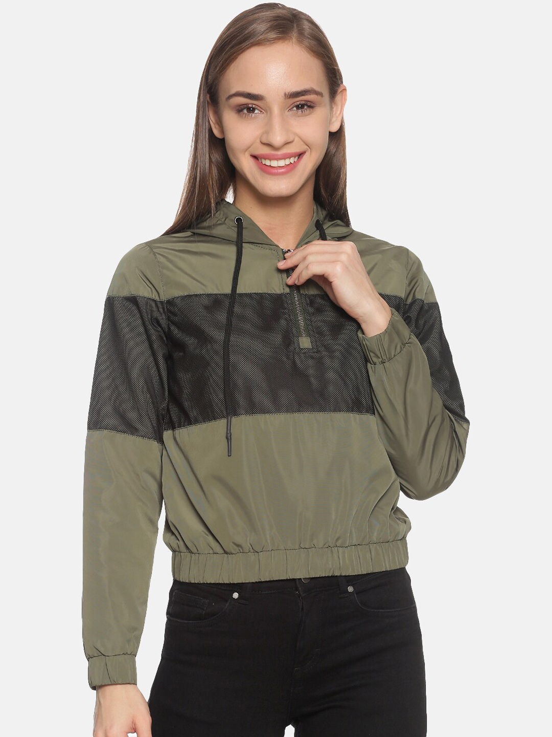 

Campus Sutra Women Olive Green & Black Colourblocked Windcheater Crop Bomber Jacket