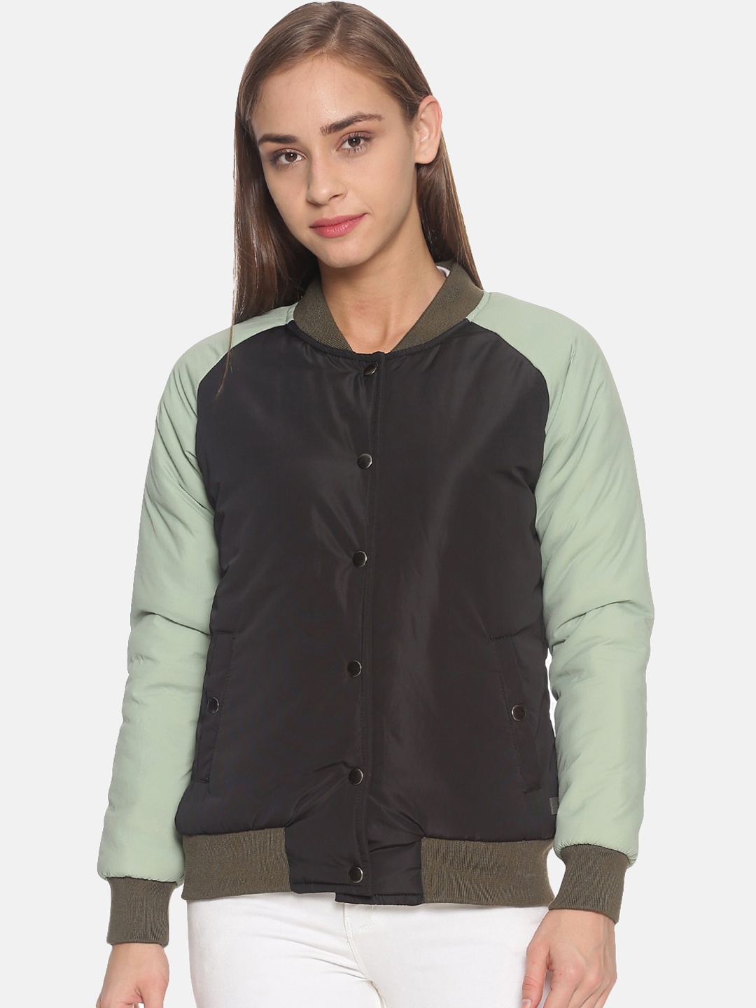 

Campus Sutra Women Black & Green Colourblocked Windcheater Bomber Jacket