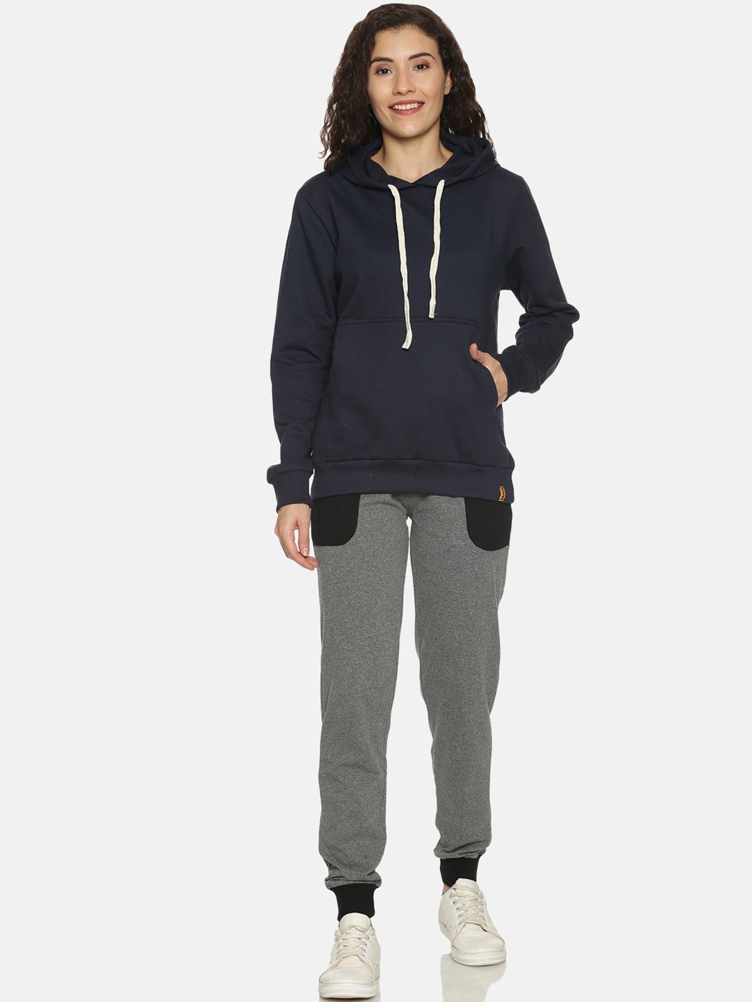 

Campus Sutra Women Navy Blue & Grey Solid Cotton Casual Tracksuit