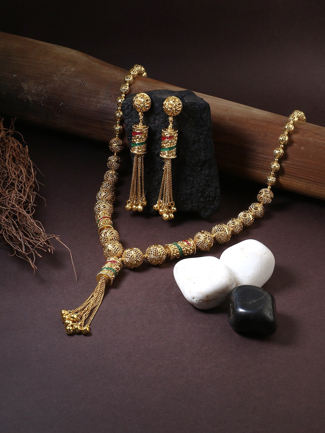 

Adwitiya Collection Gold-Plated Red & Green Handcrafted Jewellery Set
