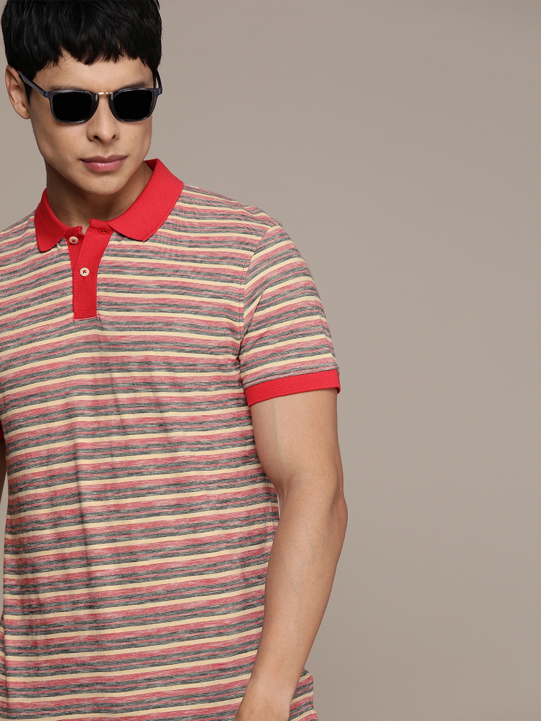 

SELECTED Men Red Navy Blue Striped Polo Collar Pure Cotton T-shirt