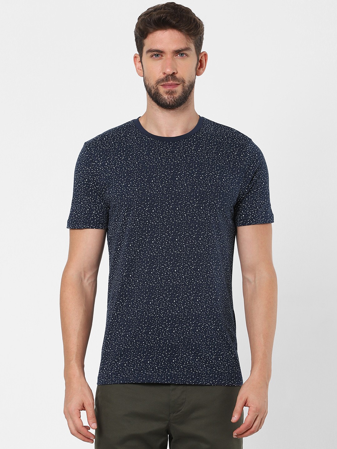 

SELECTED Men Navy Blue White Printed Pure Cotton T-shirt