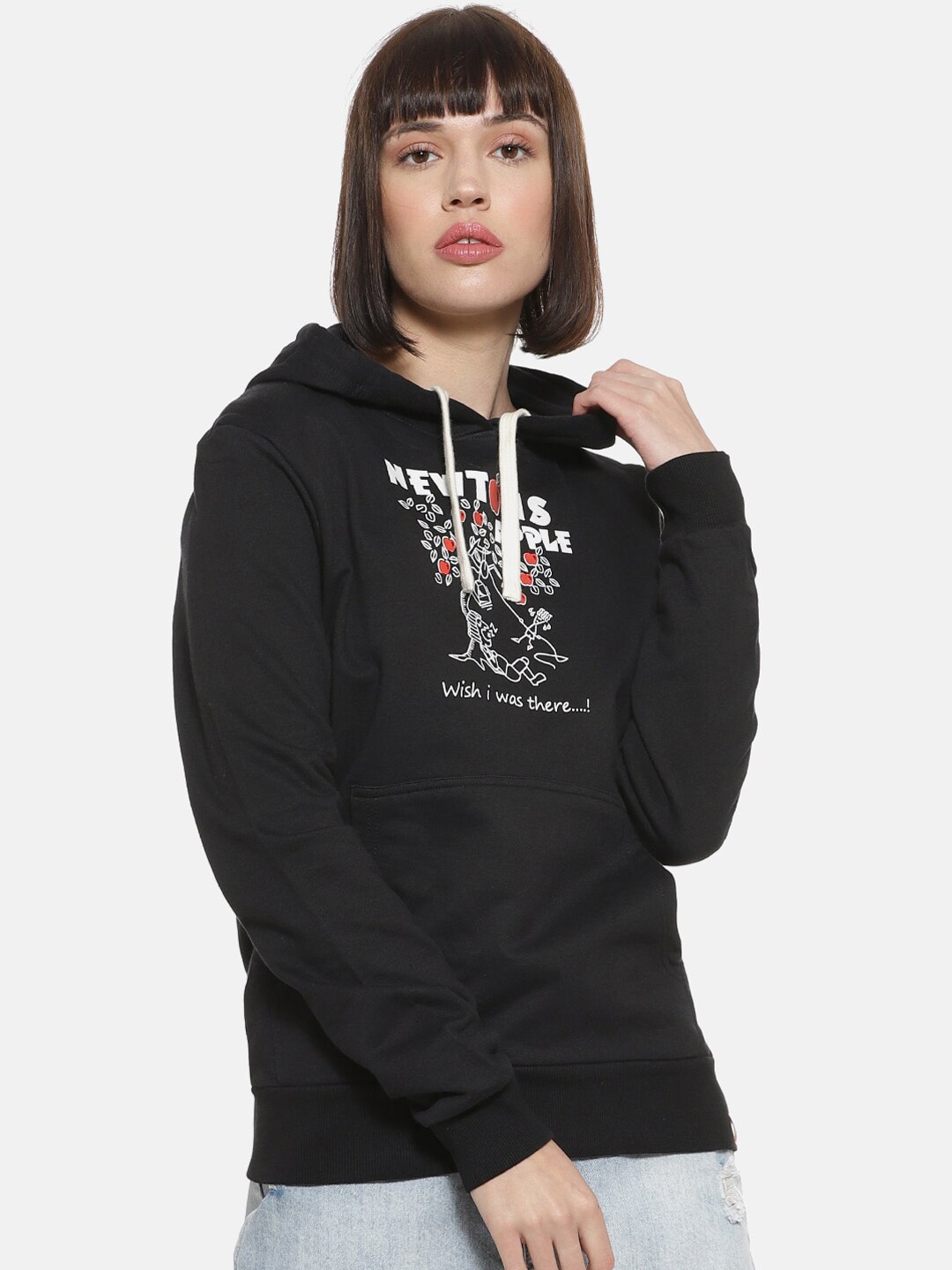 

Campus Sutra Women Black Graphic Printed Hooded Sweatshirt