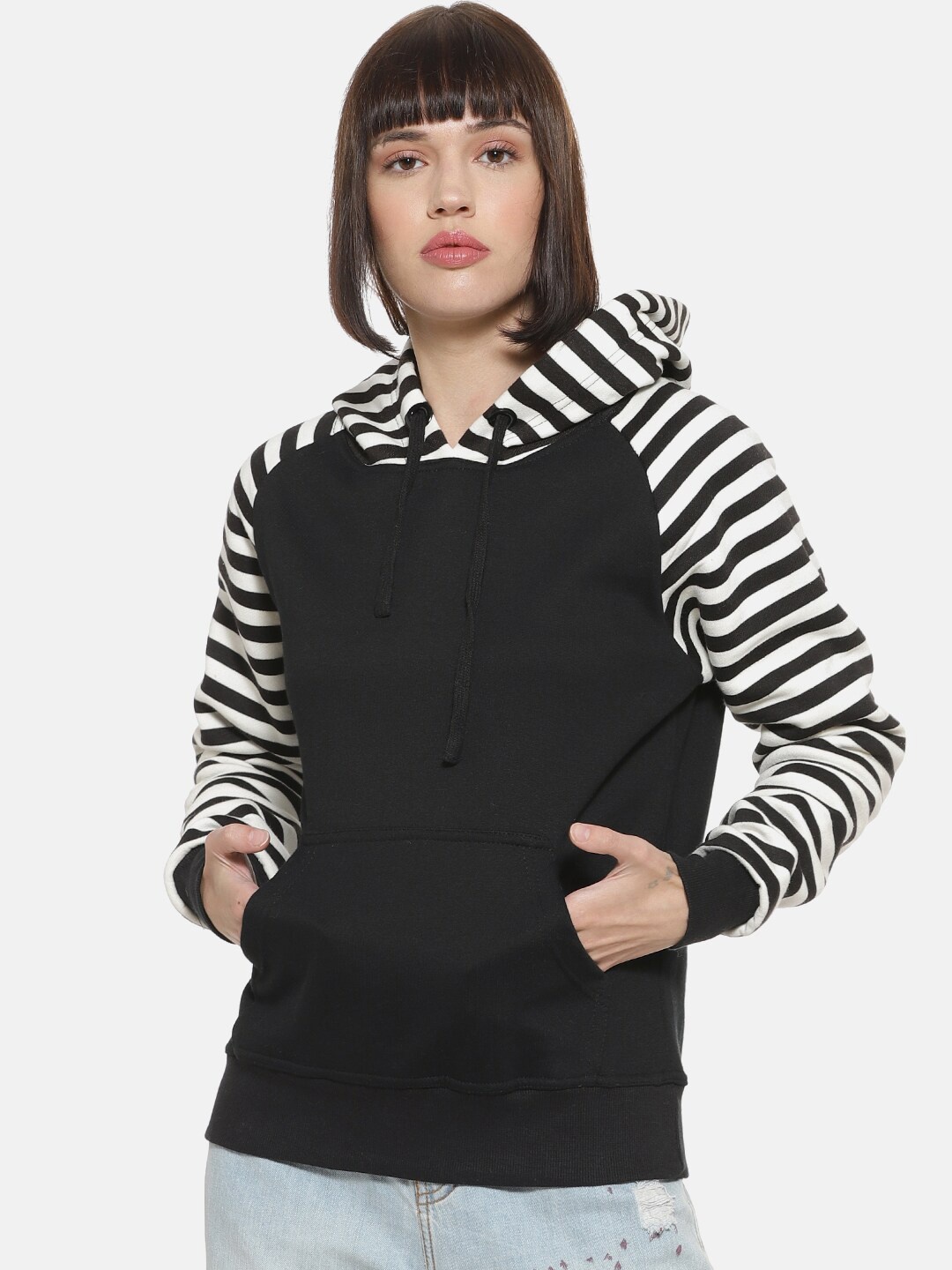 

Campus Sutra Women Black & White Striped Hooded Sweatshirt