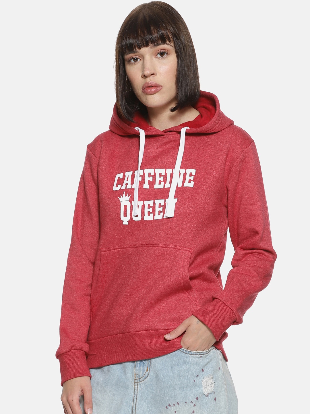 

Campus Sutra Women Maroon & White Typography Printed Hooded Sweatshirt