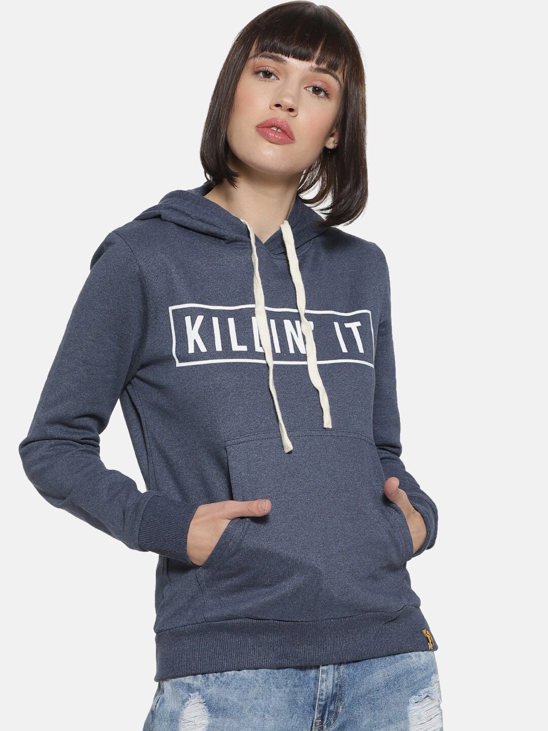 

Campus Sutra Women Grey Printed Hooded Sweatshirt