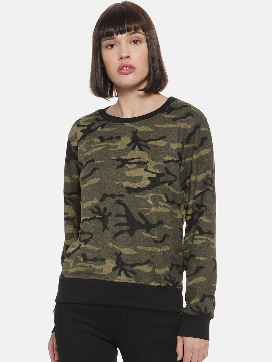 

Campus Sutra Women Olive Green and Black Camouflage Printed Sweatshirt