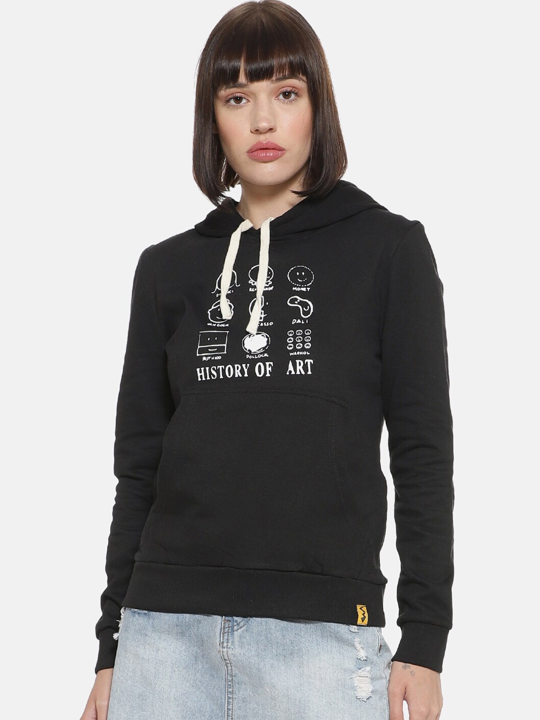 

Campus Sutra Women Black Printed Hooded Sweatshirt