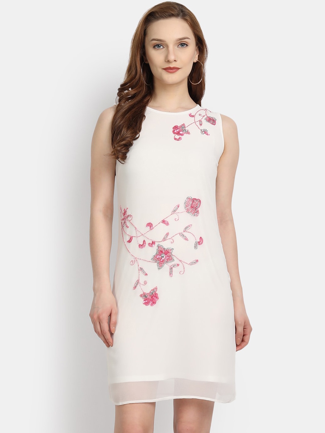 

LY2 White & Silver-Toned Floral Georgette Embellished Bodycon Dress