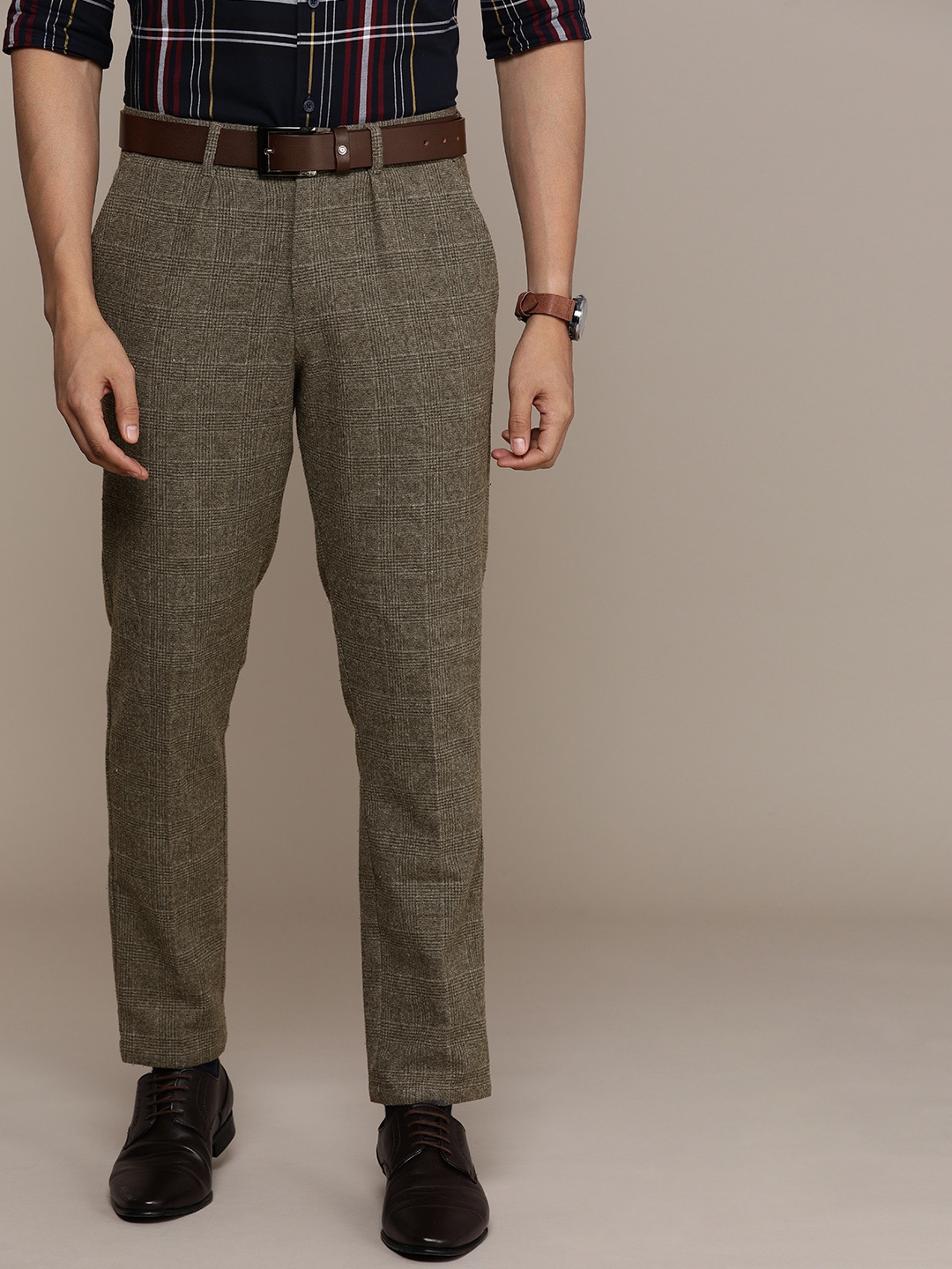 

SELECTED Men Grey Checked Tapered Fit Formal Trousers