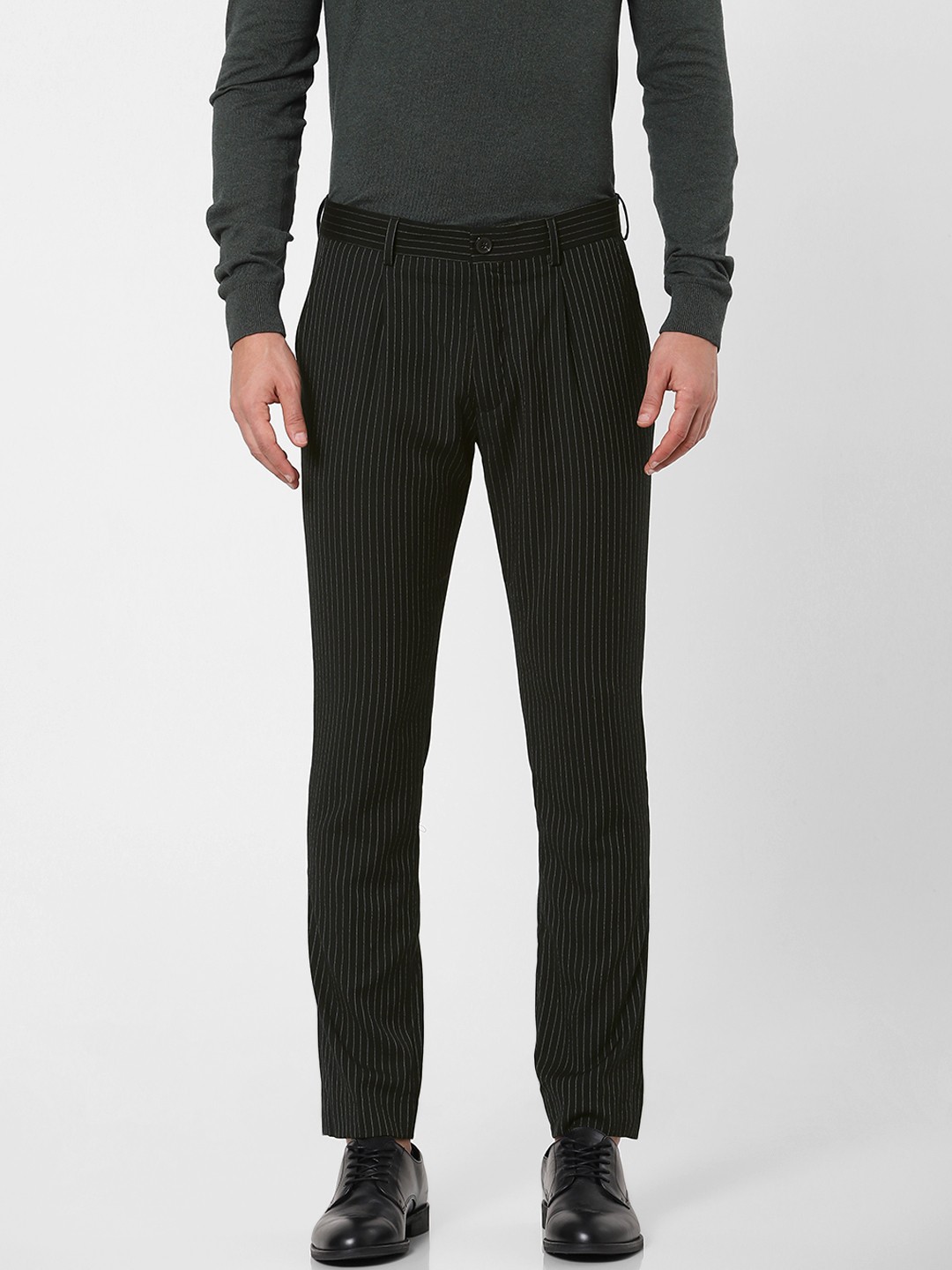 

SELECTED Men Black Striped Slim Fit Pleated Trousers