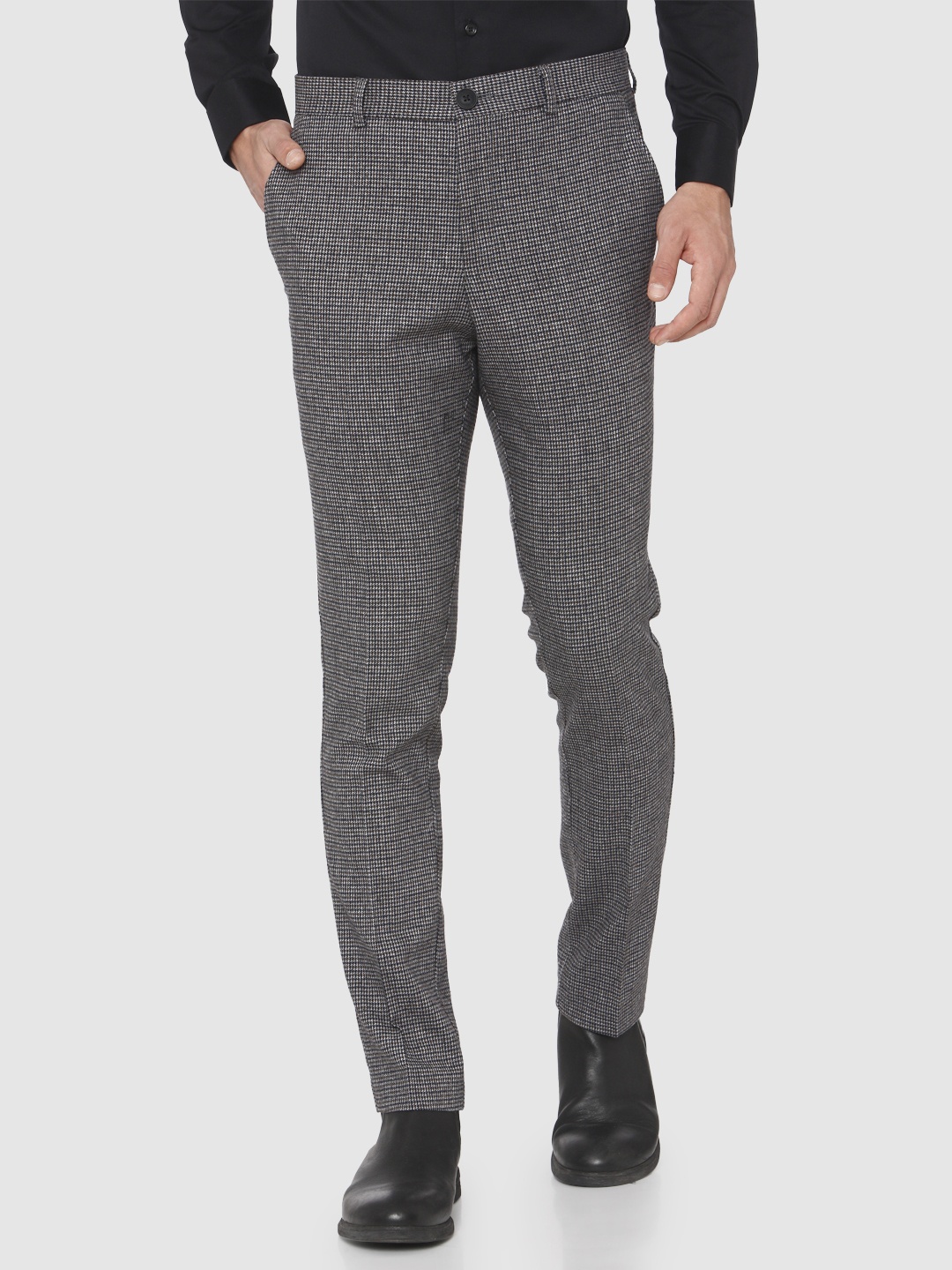

SELECTED Men Grey Self Designed Slim Fit Trousers