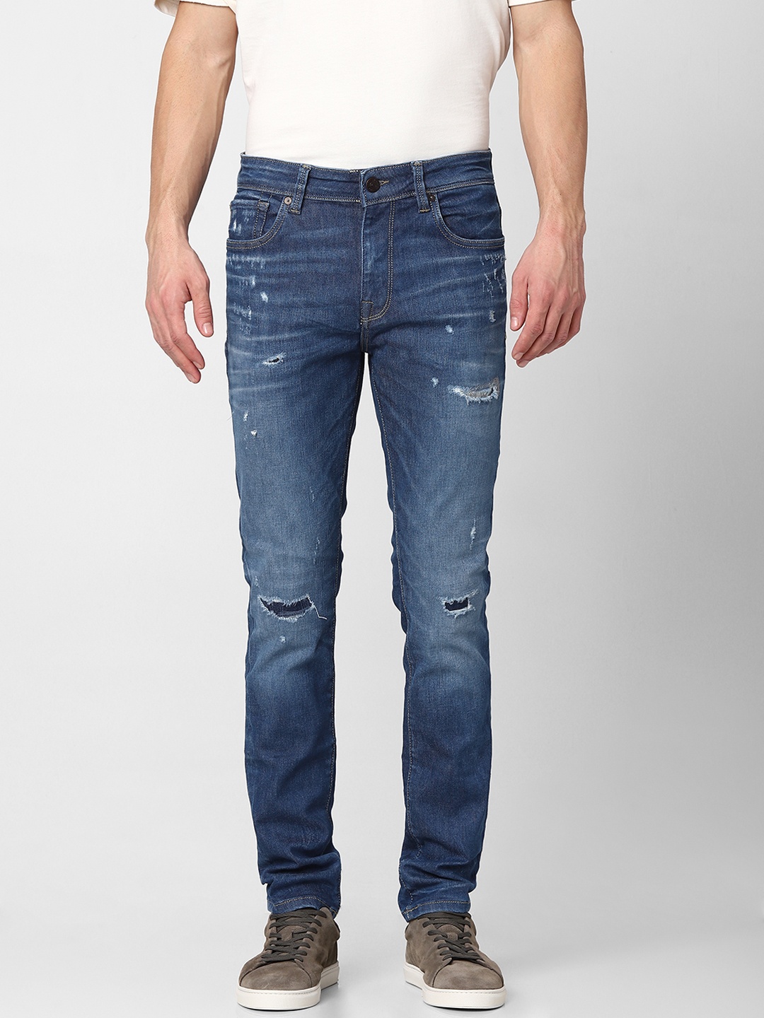 

SELECTED Men Blue Slim Leon Fit Highly Distressed Heavy Fade Stretchable Jeans