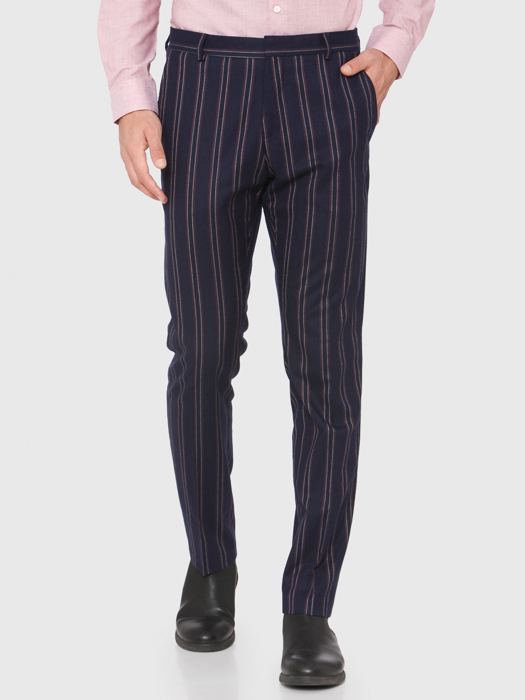 

SELECTED Men Navy Blue & Red Striped Slim Fit Formal Trousers