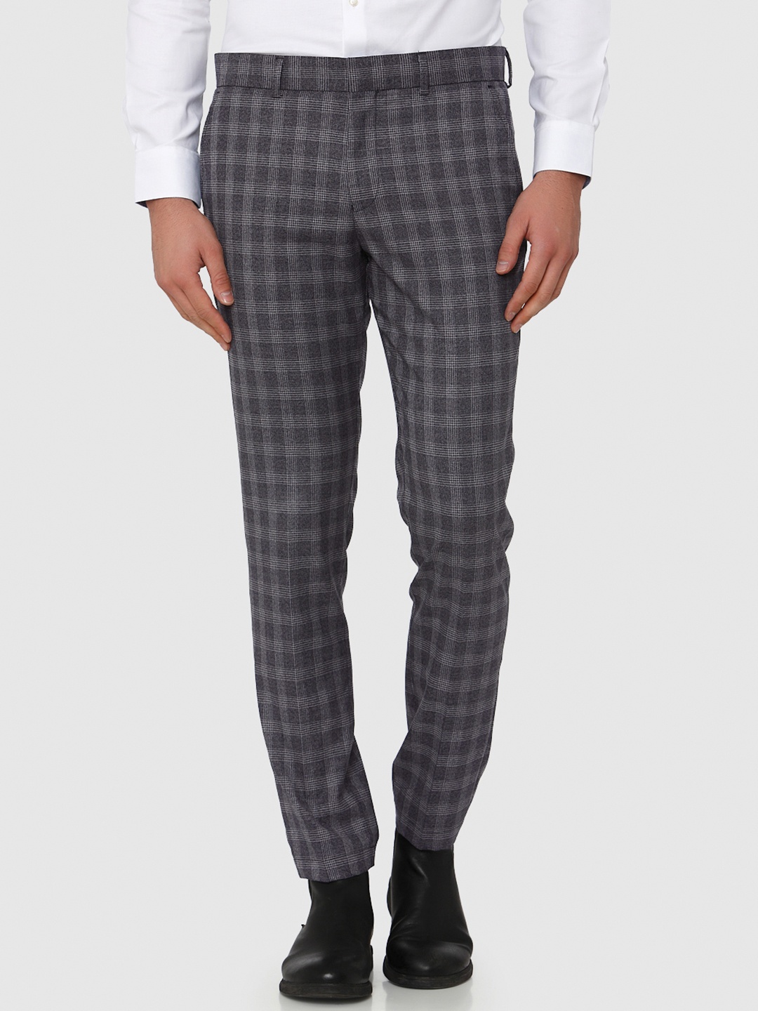 

SELECTED Men Navy Blue & Grey Checked Slim Fit Trousers