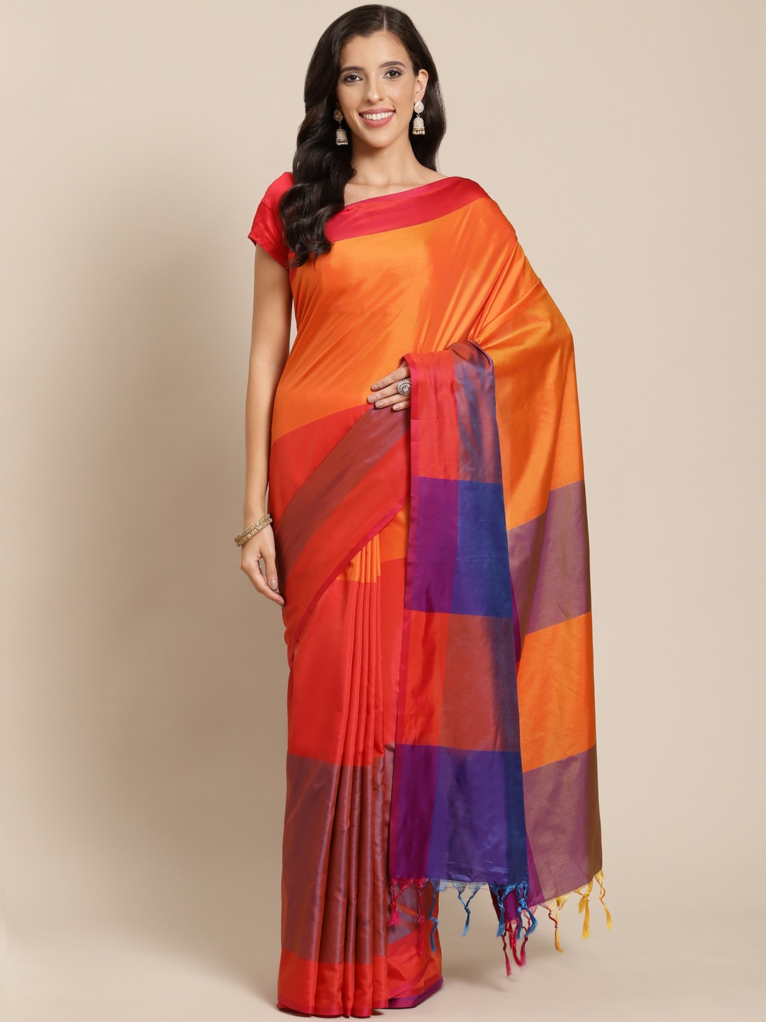 

OM SAI LATEST CREATION Women Orange & Navy Blue Colorblocked Art Silk Saree