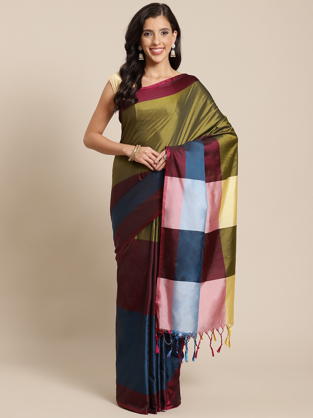 

OM SAI LATEST CREATION Women Olive Green & Teal Blue Colourblocked Art Silk Saree