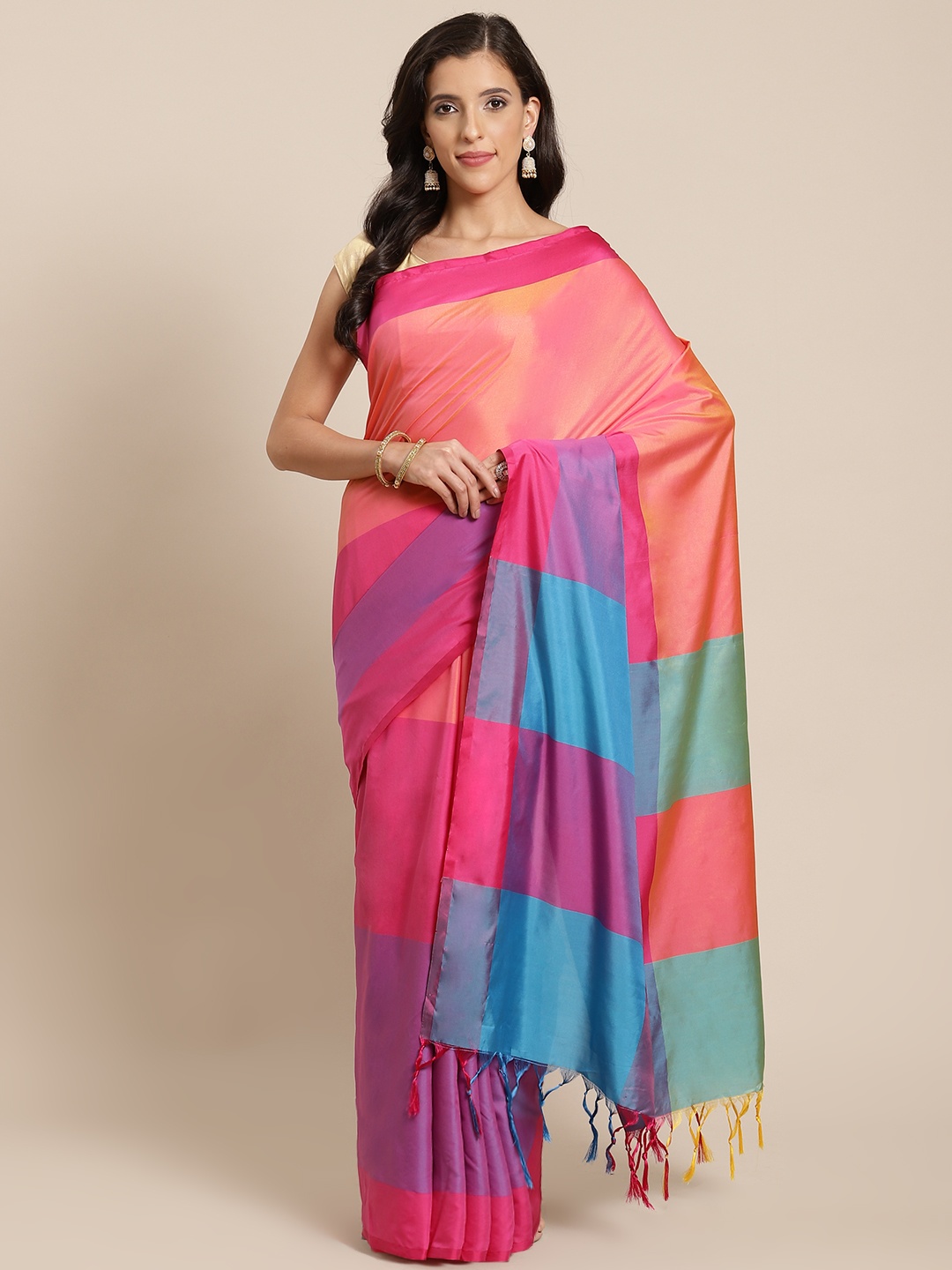 

OM SAI LATEST CREATION Women Pink & Blue Colourblocked Art Silk Saree