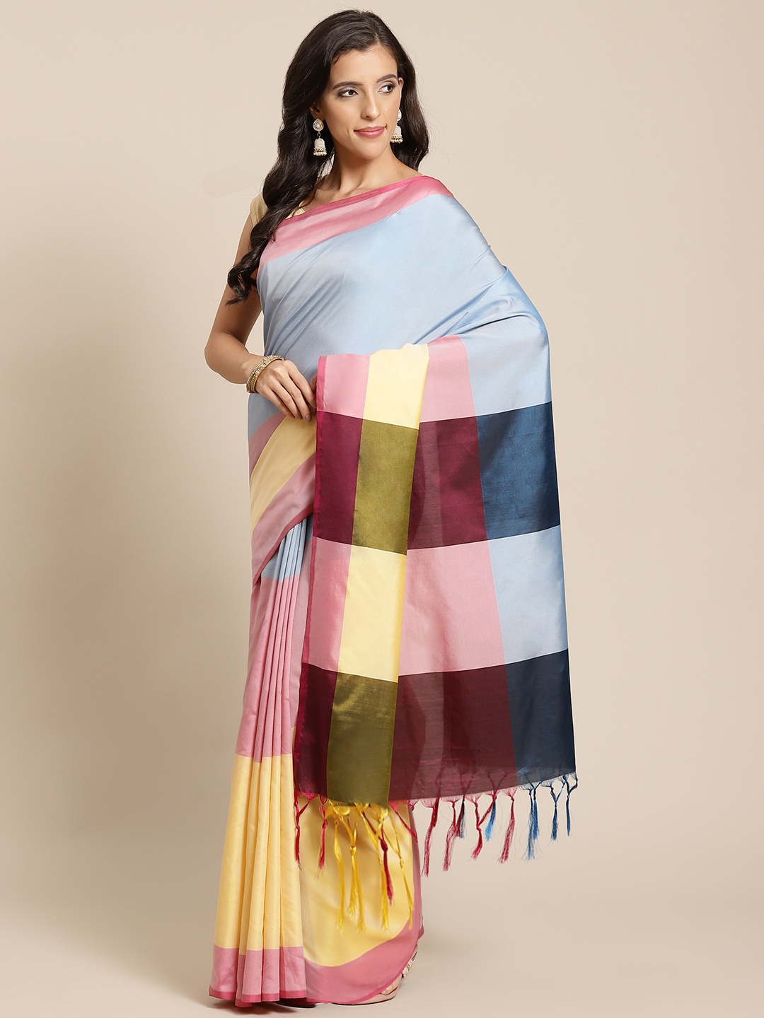 

OM SAI LATEST CREATION Women Blue & Yellow Colourblocked Art Silk Saree
