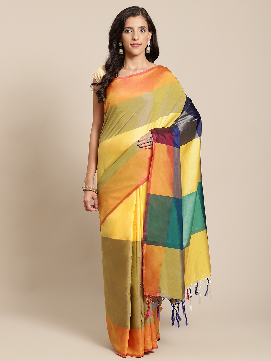 

OM SAI LATEST CREATION Women Yellow & Teal Green Colourblocked Art Silk Saree