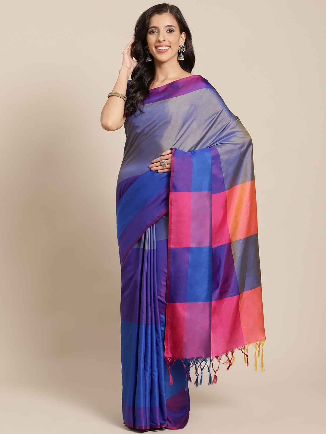 

OM SAI LATEST CREATION Women Navy Blue & Pink Colourblocked Art Silk Saree