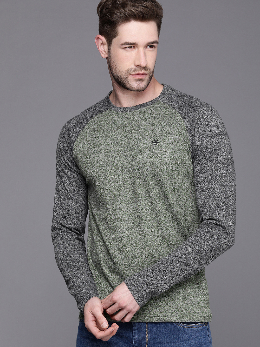 

WROGN Men Olive Green Melange Slim Fit T-shirt
