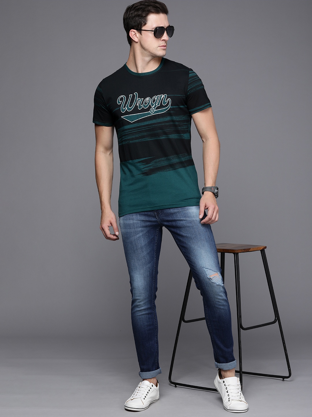 

WROGN Men Teal Green Brand Logo Printed Slim Fit T-shirt