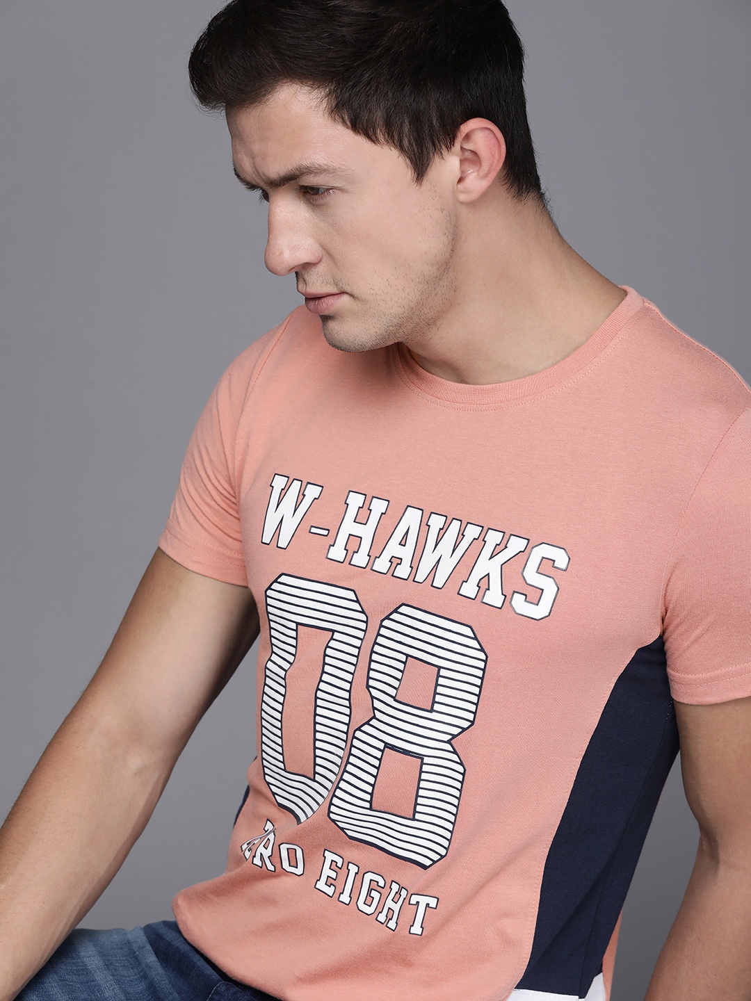 

WROGN Men Dusty Pink Varsity Printed Slim Fit T-shirt, Rose