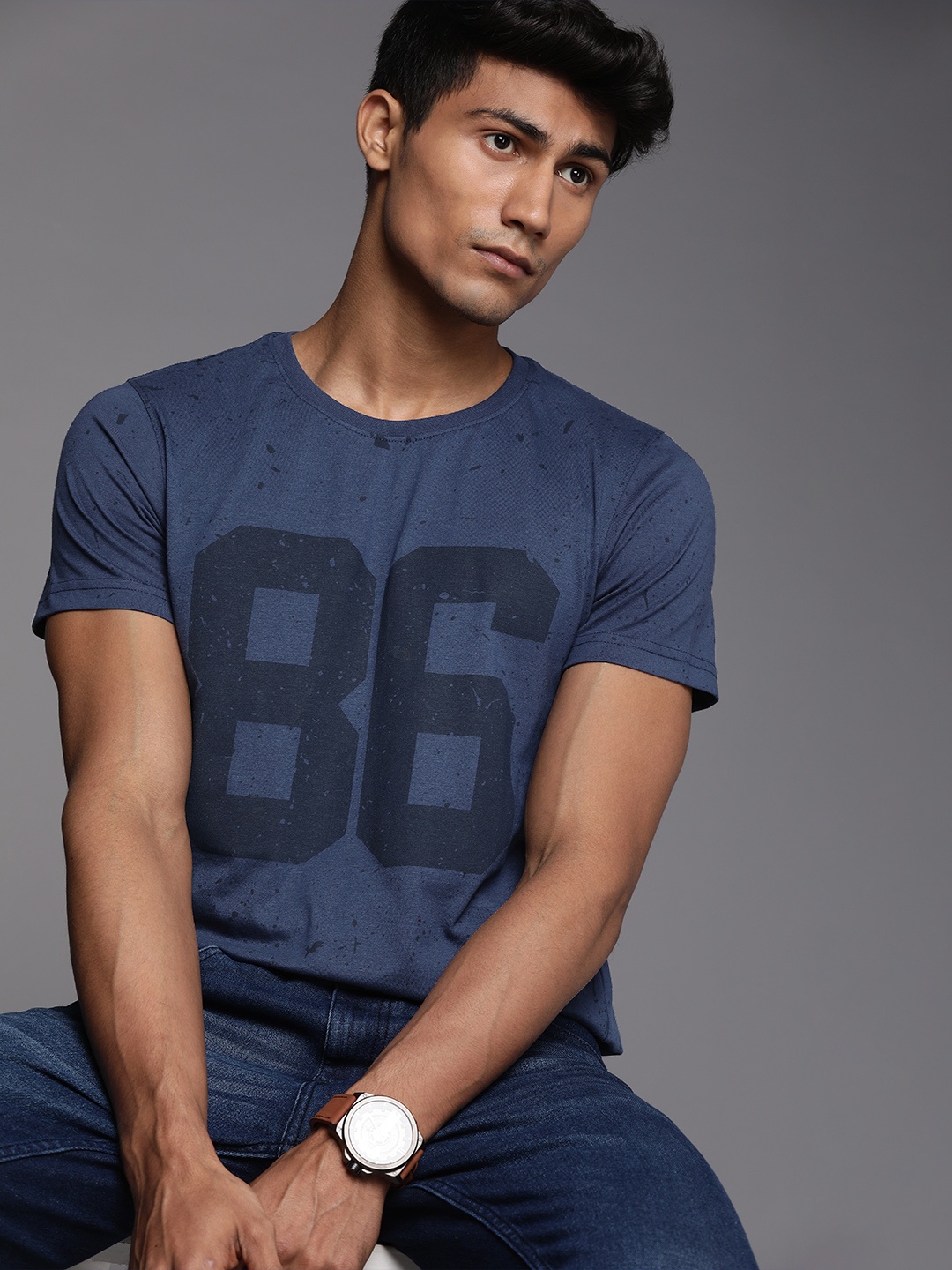 

WROGN Men Navy Blue Typography Printed Slim Fit T-shirt