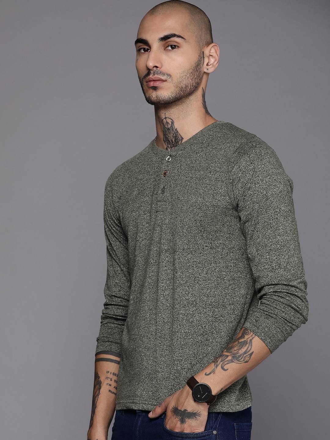 

WROGN Men Green Henley Neck Slim Fit T-shirt