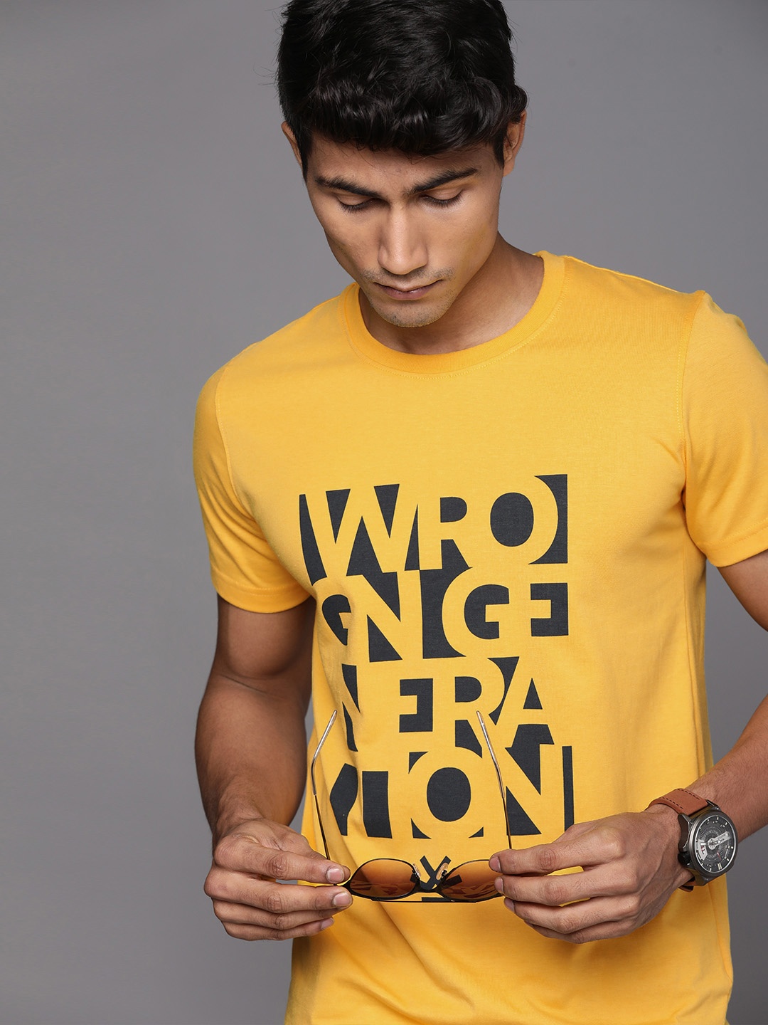 

WROGN Men Mustard Yellow Typography Printed Slim Fit T-shirt