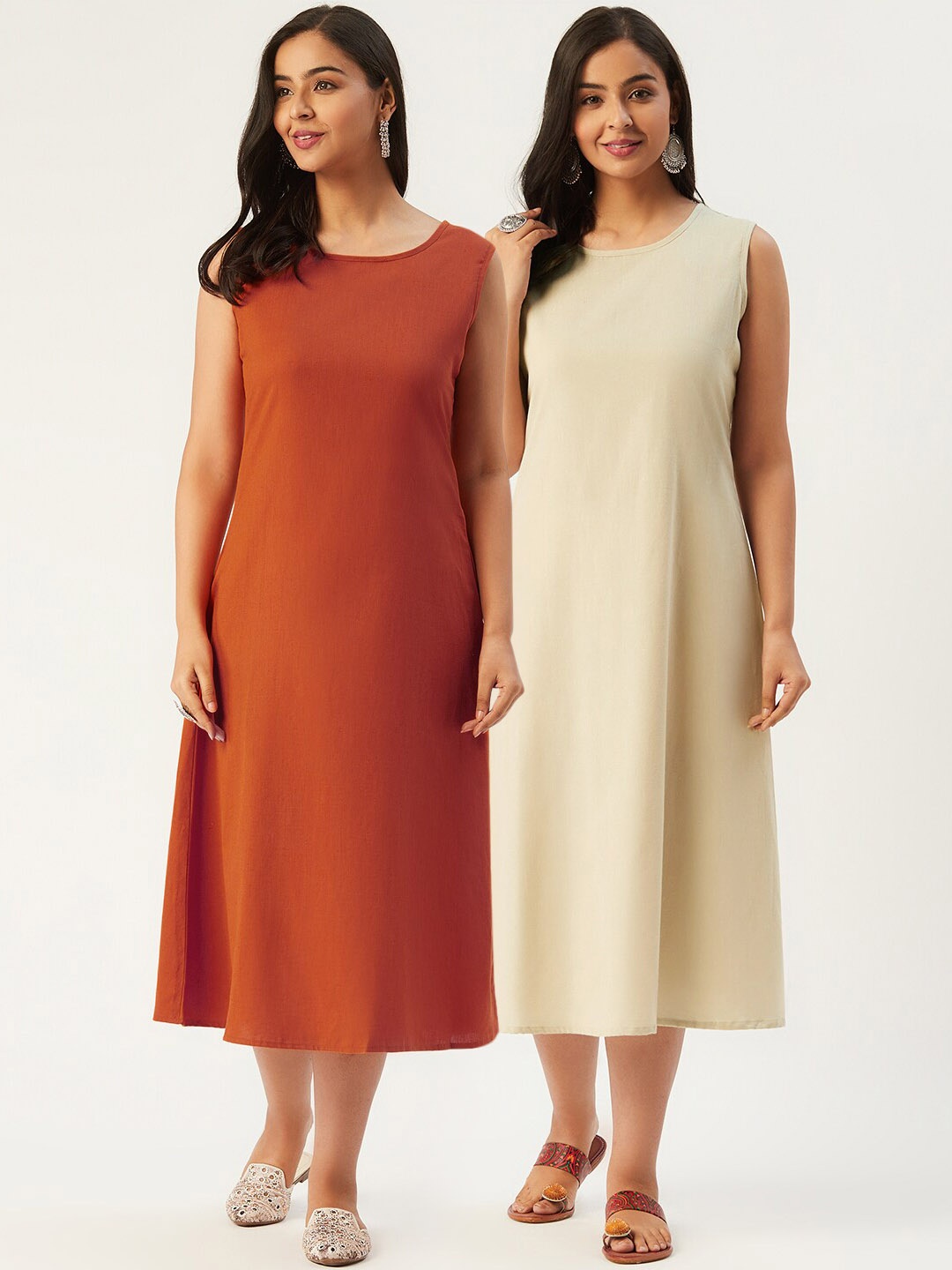 

Molcha Women Cotton Off White & Rust Pack Of 2 A-Line Maxi Dress