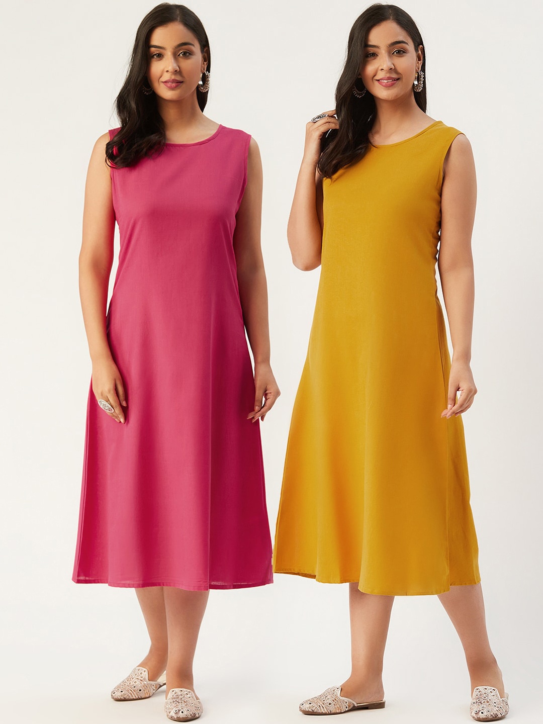 

Molcha Women Pack Of 2 Pure Cotton A-Line Midi Dress, Pink