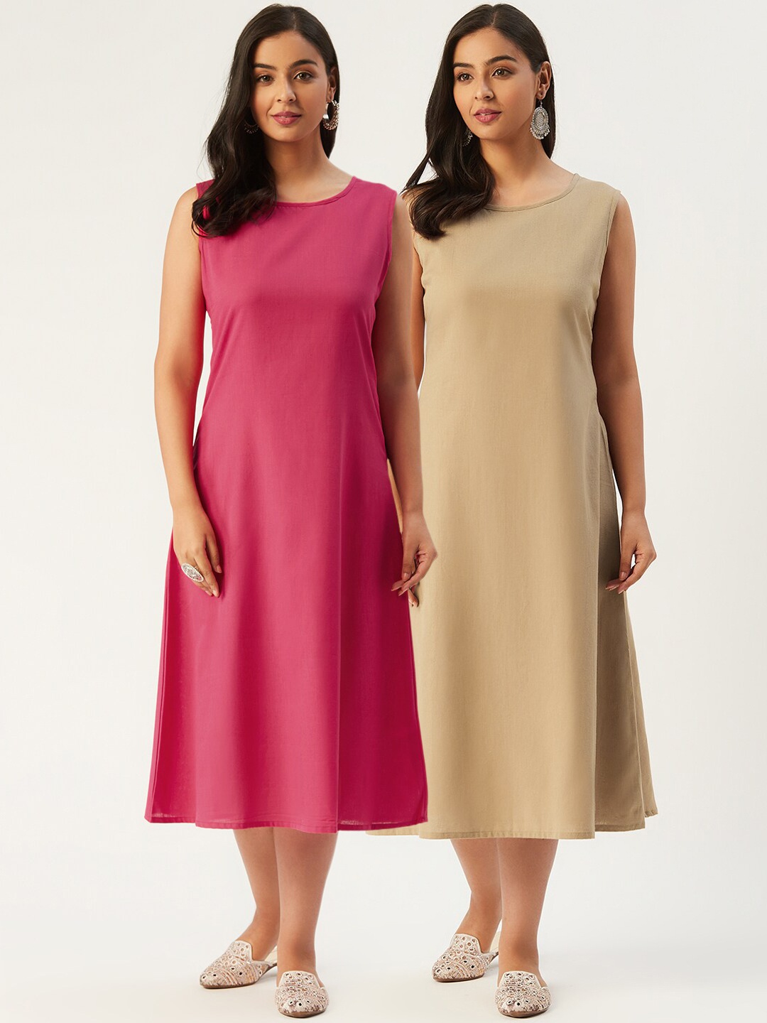 

Molcha Pack Of 2 Pink & Beige Pure Cotton A-Line Midi Dress