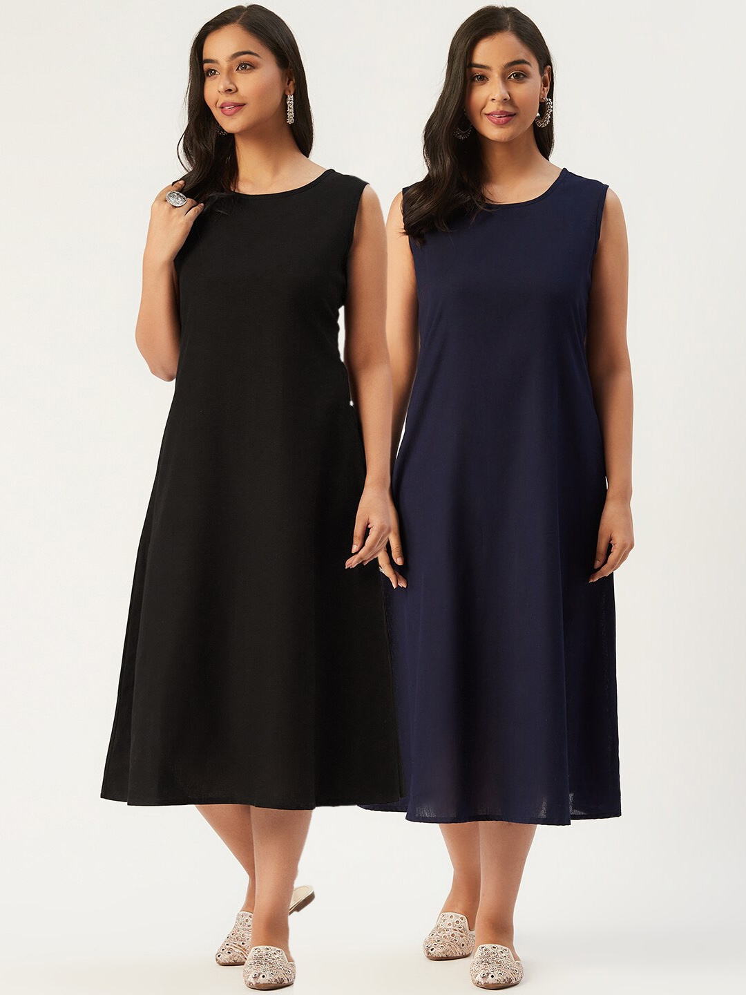 

Molcha Women Pack Of 2 Black & Blue A-Line Midi Dress