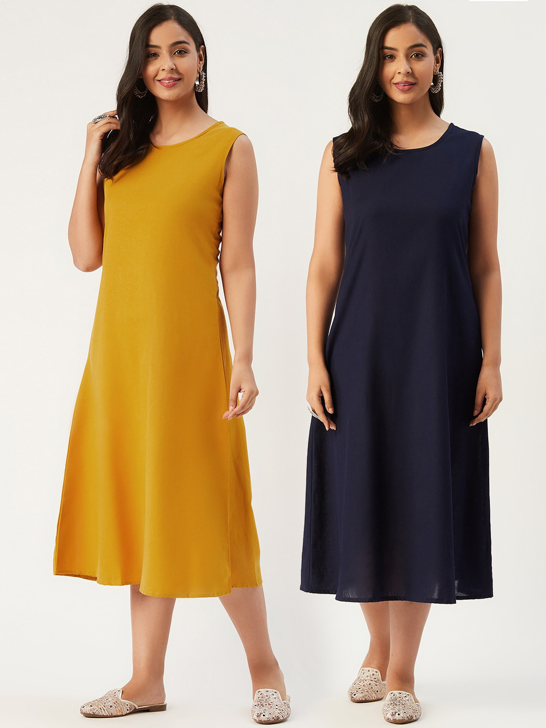 

Molcha Women Pack of 2 Mustard Yellow & Navy Blue A-Line Midi Dress