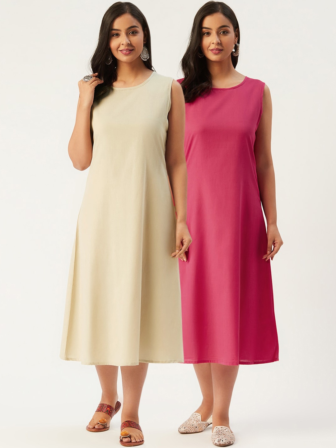

Molcha Women Pack Of 2 Pure Cotton A-Line Midi Dress, Off white