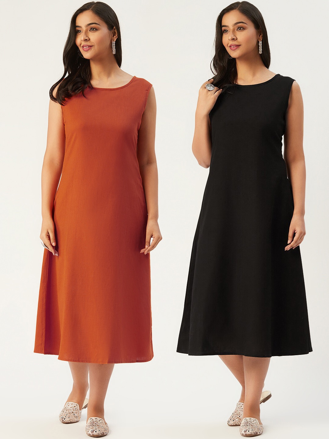 

Molcha Pack Of 2 Black & Brown Pure Cotton A-Line Midi Dress