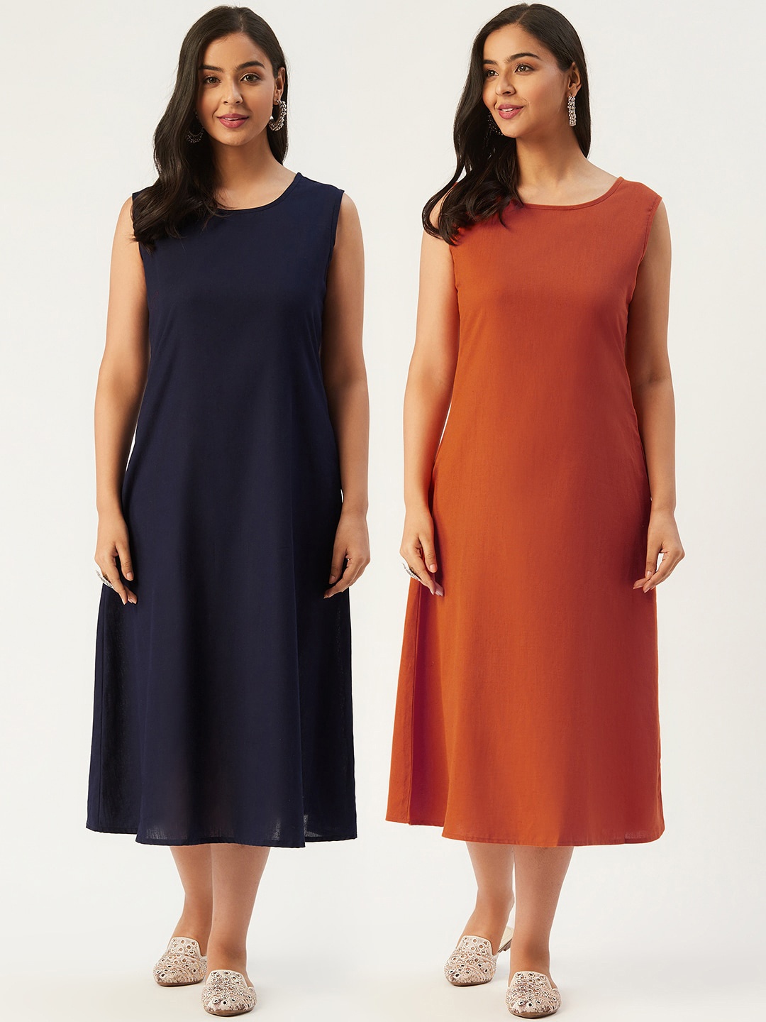 

Molcha Pack Of 2 Rust & Navy Blue Sleeveless Cotton A-Line Midi Dress